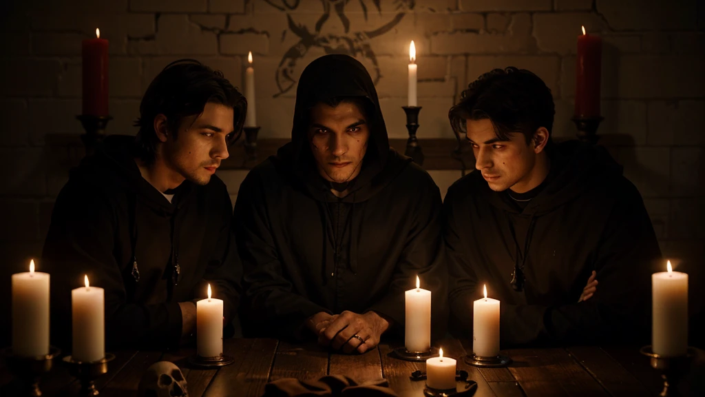 Three men in their 20s, with blood and skull candles, people in dark robes