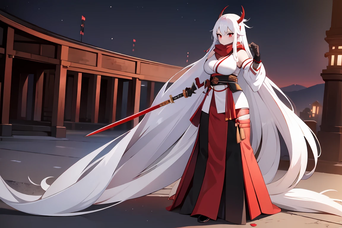 1girl, white hairs, red eyes, white-red kimono, long hair, katana, red scarf, massive breasts, mature, Oni, armored skirt, lake, night, full body