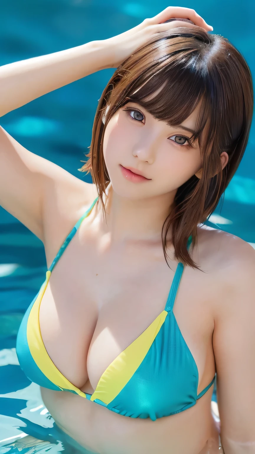One Girl, (Beautiful girl, Delicate girl:1.3), (:1.3),
break, (bikini, belly button:1.2),
break, (Colorful Water Background:1.3),
break, Very beautiful eyes, (Symmetrical eyes:1.3),
break, (Small breasts:0.5), Brown eyes, Parted bangs, Brown Hair,
break, (Eye and facial details:1.0),
break, (masterpiece, Highest quality, Super detailed, Detailed face, 8k)