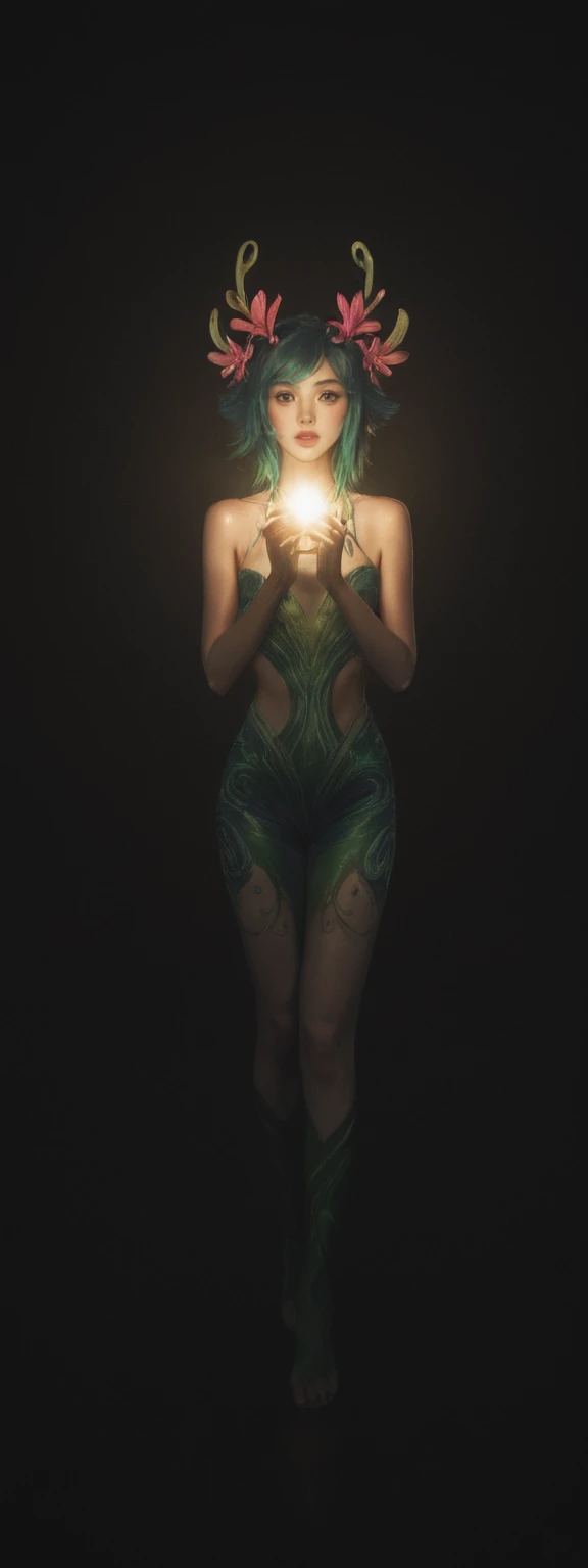 cinematic film, Realistic photograph,realistic, score_9, score_8_up, score_7_up, score_6_up,
1girl, solo, from front, full body, Neeko \(league of legends\), black background, makeup, sidelighting, backlighting, glowing,
,shallow depth of field, vignette, highly detailed, high budget, bokeh, cinemascope, moody, epic, gorgeous, film grain, grainy,