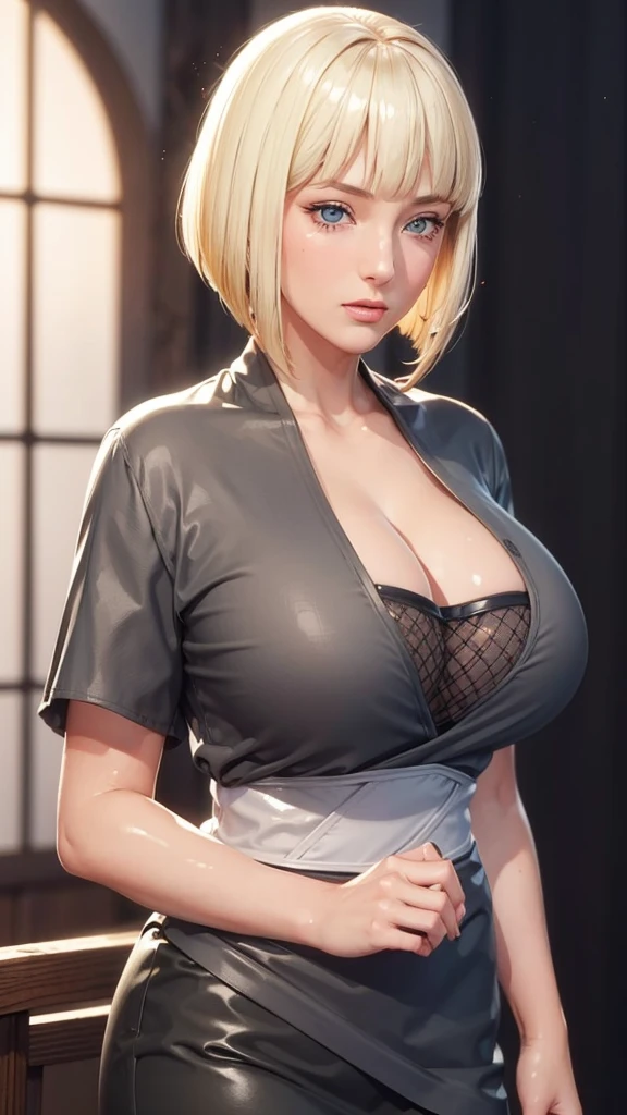 (（（Perfect body,White and tender skin,（（（BLACK KIMONO, CLEAVAGE, VAMBRACES,）））,（（（Samui, Blue eyes, blonde hair, short hair, bangs, blunt bangs,）））,((masterpiece)),high resolution, ((Best quality at best)),masterpiece,quality,Best quality,（（（ Exquisite facial features,Looking at the audience,There is light in the eyes,blush,Happy,lol）））,Look up at the sky，Raise a hand，From below）））,（（（Light and shadow,Huge breasts）））,（（（Looking at the camera,black background,)））),