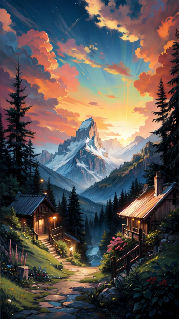 painting of a mountain valley, alleyway , beautiful scenery, waterfall, valley , garden,((glistening look)),hd, High quality, bushes,4k hd, cloud,beautiful art uhd 4 k, a beautiful artwork illustration, beautiful digital painting, highly detailed digital painting, beautiful digital artwork, detailed painting 4 k, very detailed digital painting, rich picturesque colors, gorgeous digital painting