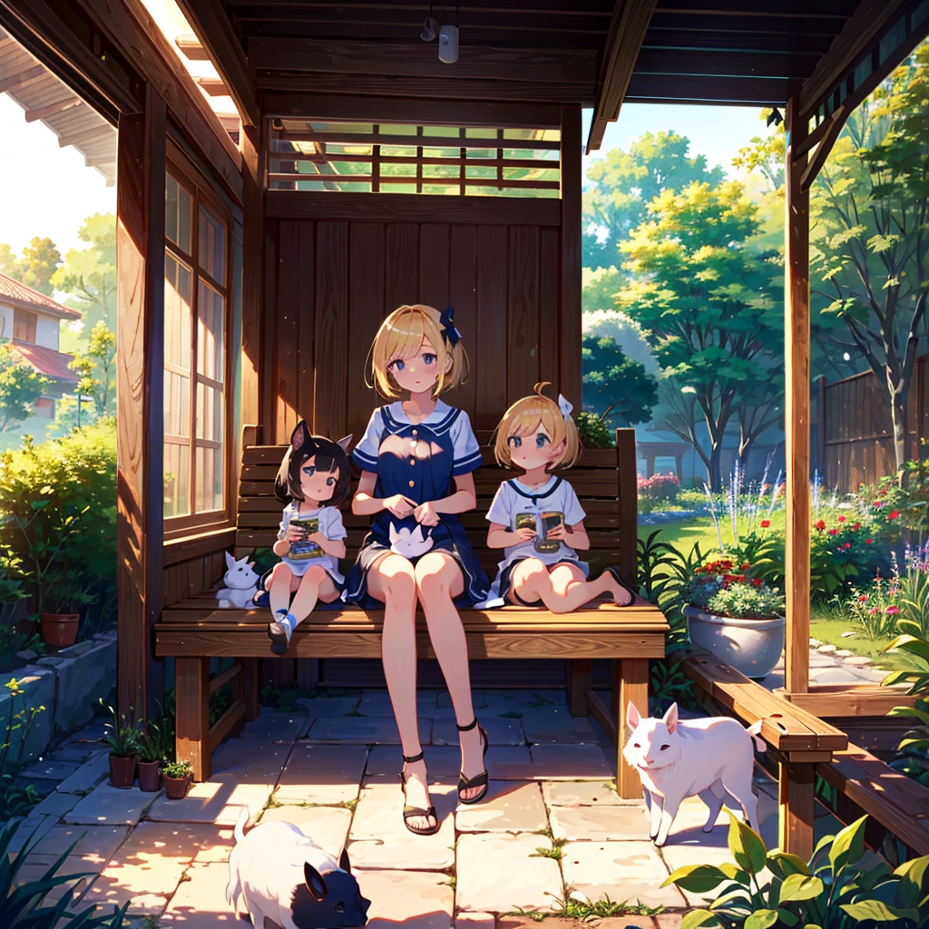 High-definition background, bright and beautiful atmosphere, 3 girls (2 years old, (1 short-tempered round face), (1 child)) (hair, surface effect), color effect), small breasts, blonde, veranda, very Cute clothes, a girl sitting on the veranda, many mini pigs in the garden, mini pigs relaxing on the veranda, "deltamon_sdXL :0.73) >Deltamon immediately refuses.