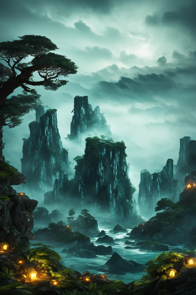 "A fog-shrouded island with jagged cliffs rising from the sea, dense, dark forests covering the landscape, and ancient, weathered ruins peeking through the trees. The sky is overcast, adding a sense of foreboding, and strange, bioluminescent plants glow faintly in the underbrush