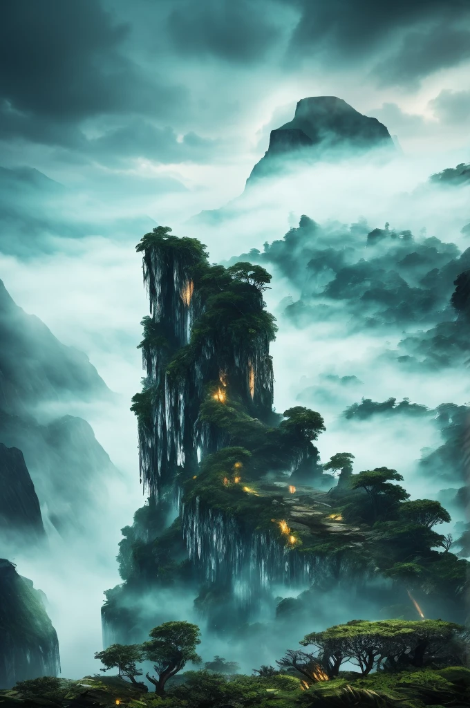 "A fog-shrouded island with jagged cliffs rising from the sea, dense, dark forests covering the landscape, and ancient, weathered ruins peeking through the trees. The sky is overcast, adding a sense of foreboding, and strange, bioluminescent plants glow faintly in the underbrush