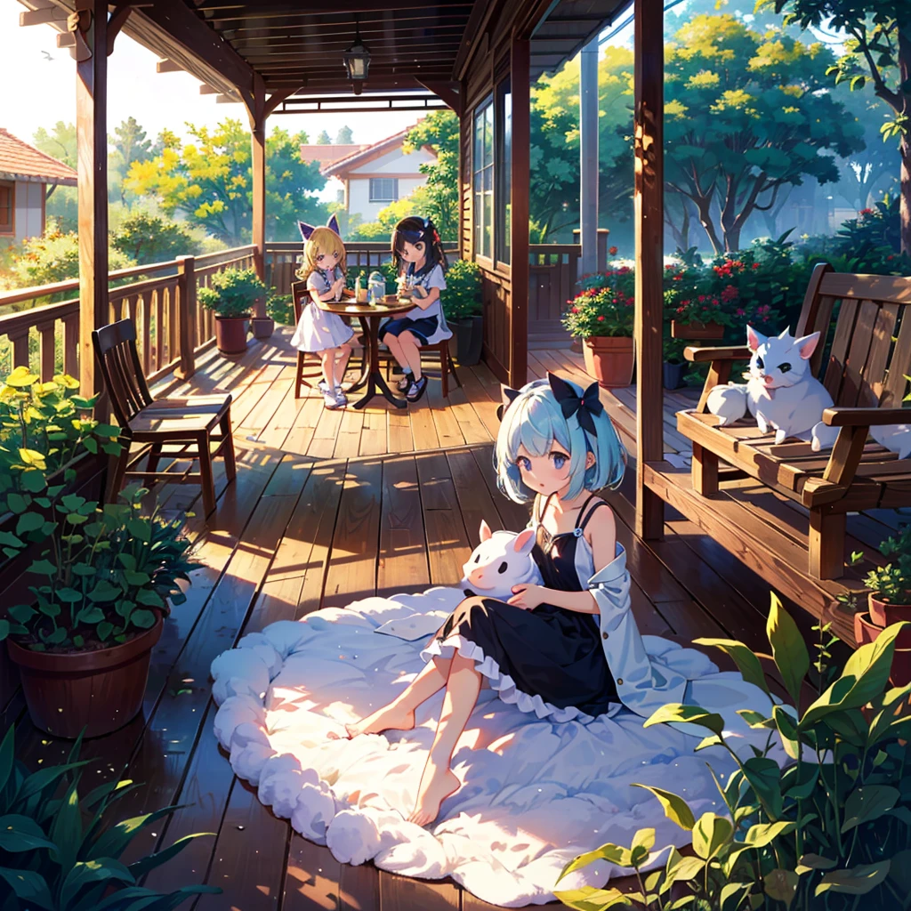 High-definition background, bright and beautiful atmosphere, 3 girls (2 years old, (1 short-tempered round face), (1 child)) (hair, surface effect), color effect), small breasts, blonde, veranda, very Cute clothes, a girl sitting on the veranda, many mini pigs in the garden, mini pigs relaxing on the veranda, "deltamon_sdXL :0.73) >Deltamon immediately refuses.