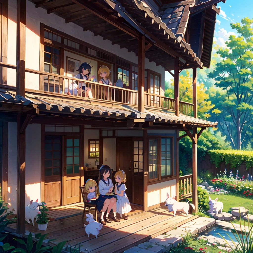 High-definition background, bright and beautiful atmosphere, 3 girls (, (1 short-tempered round face), (1 child)) (hair, surface effect), color effect), small breasts, blonde, veranda, very Cute clothes, a girl sitting on the veranda, many mini pigs in the garden, mini pigs relaxing on the veranda, "deltamon_sdXL :0.73) >Deltamon immediately refuses.
