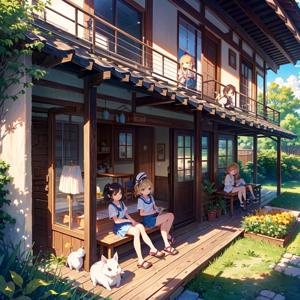High-definition background, bright and beautiful atmosphere, 3 girls (2 years old, (1 short-tempered round face), (1 child)) (hair, surface effect), color effect), small breasts, blonde, veranda, very Cute clothes, a girl sitting on the veranda, many mini pigs in the garden, mini pigs relaxing on the veranda, "deltamon_sdXL :0.73) >Deltamon immediately refuses.