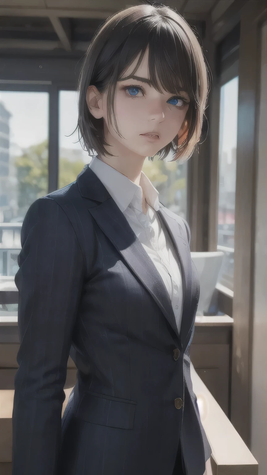 Highest quality, masterpiece, Ultra-high resolution, (Realistic:1.4), RAW Photos,One girl, Multicolored Hair, Brown Hair,short hair,Black Suit,Detailed eyes,Heterochromia iridis,Realistic,Ready your gun?,Fighting figure,Hitman