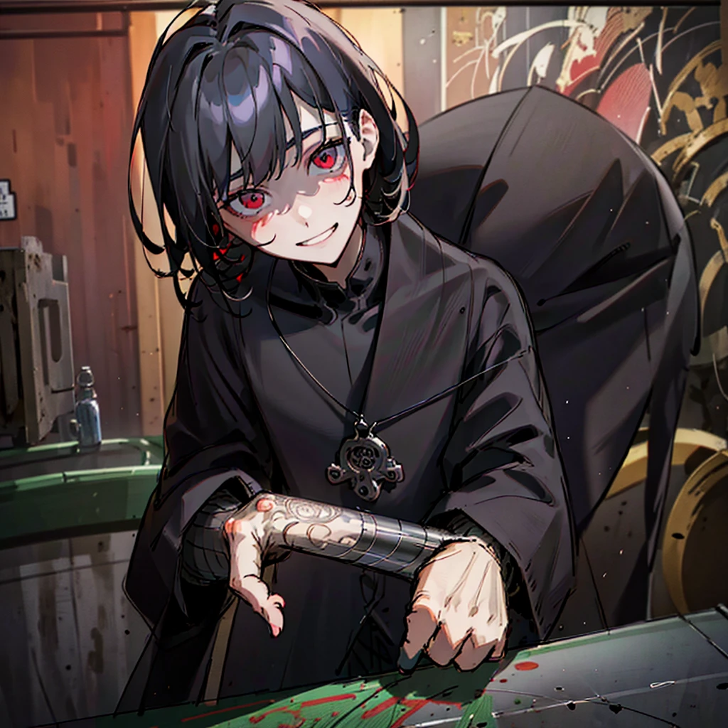 A young man with black hair, Red eyes, black clothes and looking straight at the camera with a smile on his face, as if he were seeing the love of his life (Neutral colors: 1.2), (HDR: 1.4), (Soft colors:1.2), hyperdetailed, (art station:1.4), cinematographic, warm lights, dramatic light, (intricate details:1.1), complex background, (rutkowski:0.66), (blue and orange:0.4)