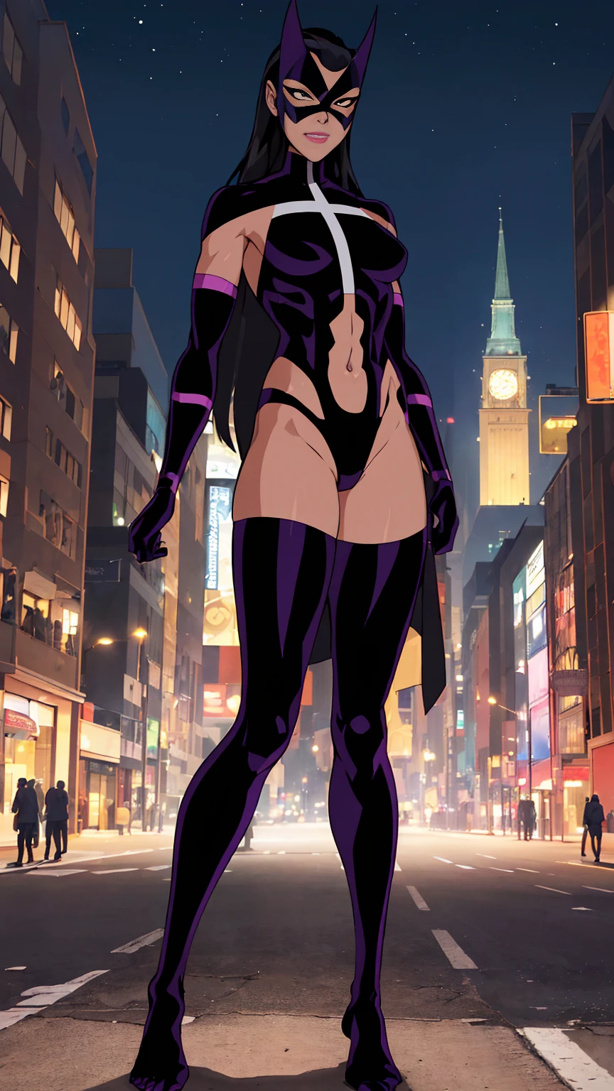 ((full body photo, standing, feet on the ground)) ((masterpiece,best quality)), absurdres,
Huntress_JLU, upper body, detailed mask, smug,
night sky and city lights in background, cinematic composition,