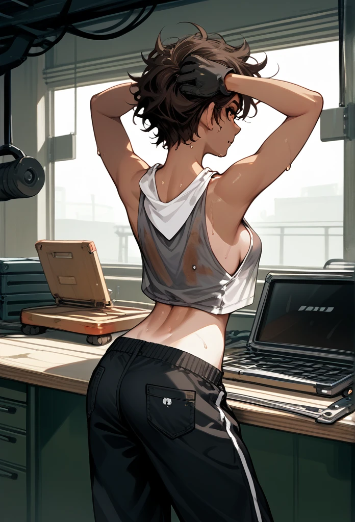 masterpiece, best quality, mature woman, messy hair, black hair, brunette gradient hair color, hot face, (tomboy face), tan skin, mature body, fit body, medium breasts, mechanic gloves, (dirty tank top), stained tank top, midriff, white bandana, mechanic pants, loose pants, workshop, (sweaty), bending over, towel around neck, back view, black thong lines, ripped pants