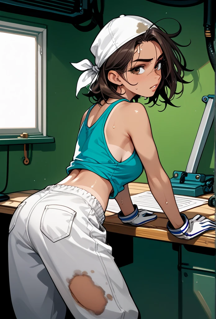 masterpiece, best quality, mature woman, messy hair, black hair, brunette gradient hair color, hot face, (tomboy face), tan skin, mature body, fit body, medium breasts, mechanic gloves, (dirty tank top), stained tank top, midriff, white bandana, mechanic pants, loose pants, workshop, (sweaty), bending over, back view