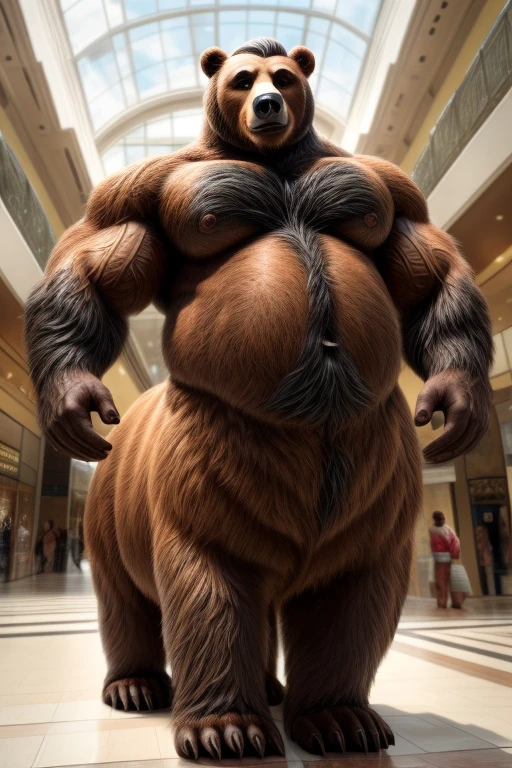 furry, fur taur, beartaur, middle-age, solo, detailed face, bear ears, bear eyes(brown), bear nose(black), bear mouth, garibaldi beard(white), mature hair(white), detailed arms, thick arms, muscular, thick hands(5 fingers), detailed body belly, thick body, muscle belly(brown), thick chest, chest hair(black), detailed taur body, thick taur body, thick bear paws, thick bear tail, full body shot, summer, standing in the mall