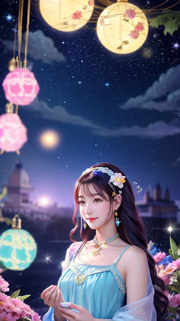 In the night sky with beautiful reflections of stars、A pretty female fortune teller stands。It is surrounded by colorful flowers,、Facing the front。There is a mysterious fortune telling。Her hair is long, Luxuriously curly hair fluttering in the wind。And her outfit is a doggie in pastel colors with organza sparkle。Around her are decorated with motifs of stars and the moon,、There is a mysterious atmosphere in the air。Her eyes are sparkling.、Have a gentle smile。She is a person々Fortune telling of the fate and future of。There are also cute unicorns