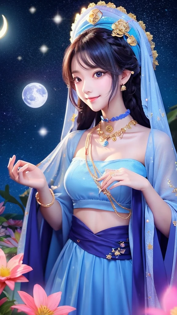 In the night sky with beautiful reflections of stars、A pretty female fortune teller stands。It is surrounded by colorful flowers,、Facing the front。There is a mysterious fortune telling。Her hair is long, Luxuriously curly hair fluttering in the wind。And her outfit is a doggie in pastel colors with organza sparkle。Around her are decorated with motifs of stars and the moon,、There is a mysterious atmosphere in the air。Her eyes are sparkling.、Have a gentle smile。She is a person々Fortune telling of the fate and future of。There are also cute unicorns