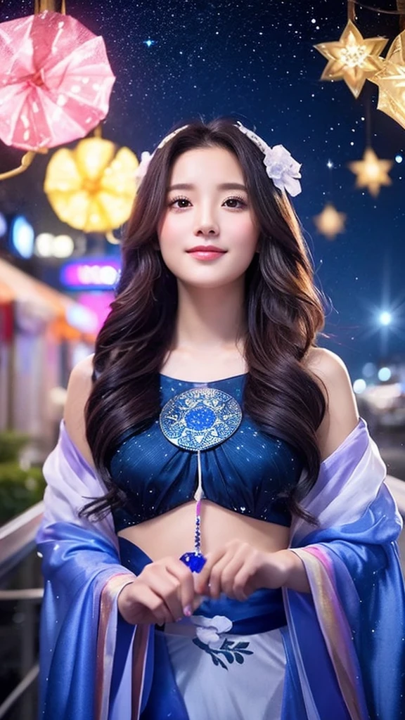 In the night sky with beautiful reflections of stars、A pretty female fortune teller stands。It is surrounded by colorful flowers,、Facing the front。There is a mysterious fortune telling。Her hair is long, Luxuriously curly hair fluttering in the wind。And her outfit is a doggie in pastel colors with organza sparkle。Around her are decorated with motifs of stars and the moon,、There is a mysterious atmosphere in the air。Her eyes are sparkling.、Have a gentle smile。She is a person々Fortune telling of the fate and future of。There are also cute unicorns
