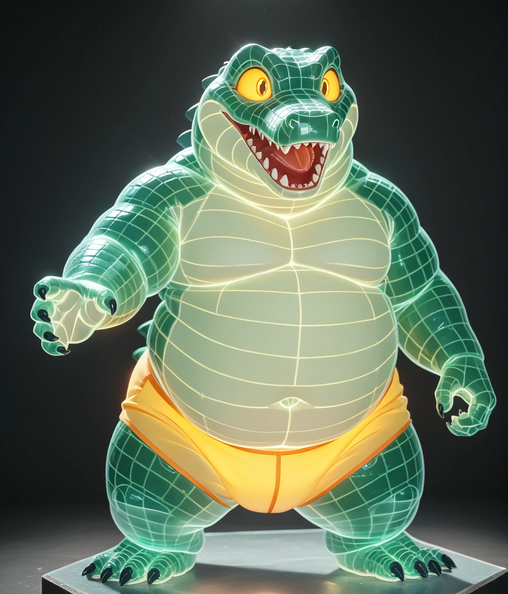 (((translucent glass sculpture))), defiant pose, cute, obese, anthro green crocodile cub, luminiscent bright yellow eyes, gl4ssj3m, glowneon, intricate details, extremely detailed, best quality, hires textures, cinematic lighting, casting a gentle glow on its surroundings, warm light, bright yellow briefs