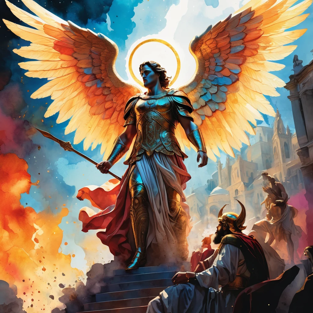 detailed digital illustration, watercolor painting, biblical comic book, religious imagery, religious figures, angels, demons, high contrast, dramatic lighting, vibrant colors, intricate details, cinematic composition, 4k, masterpiece, photorealistic, concept art style, dramatic shadows, glowing aura, heavenly atmosphere