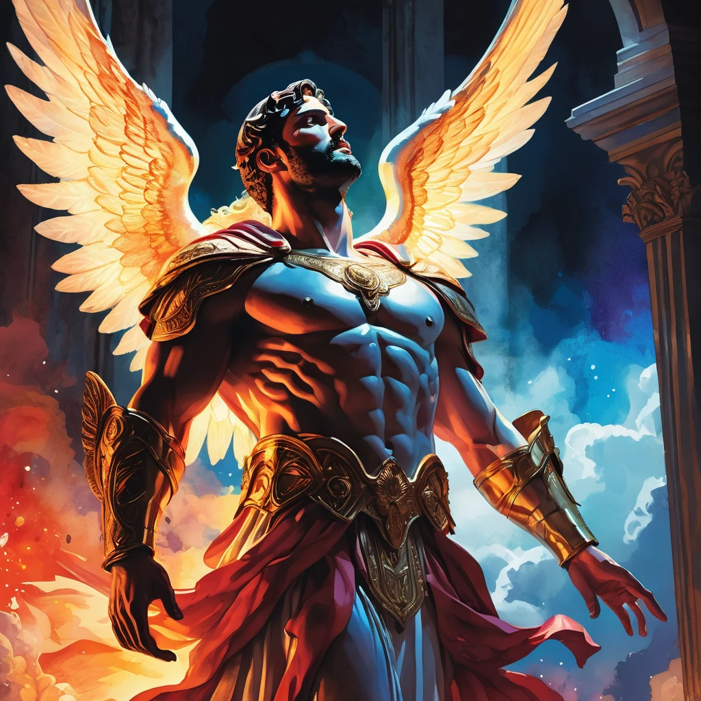 detailed digital illustration, watercolor painting, biblical comic book, religious imagery, religious figures, angels, demons, high contrast, dramatic lighting, vibrant colors, intricate details, cinematic composition, 4k, masterpiece, photorealistic, concept art style, dramatic shadows, glowing aura, heavenly atmosphere
