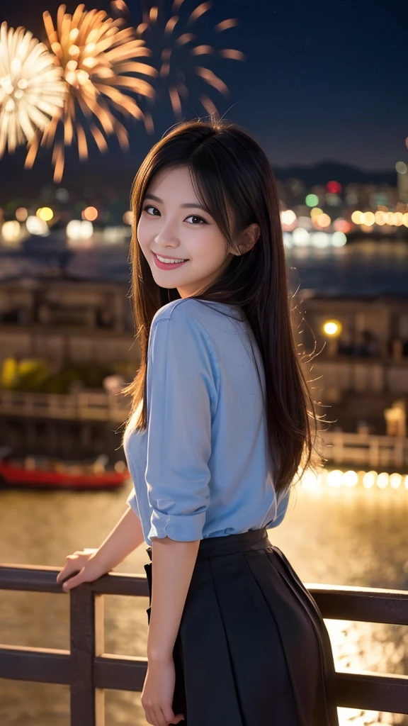 Have long flowing hair、Very Beautiful Japan Woman。She is wearing a skirt、He has striking bluish-black eyes and a bright smile.。The background is the seaside at night、They are happily watching the fireworks。
The image style is realistic.、It adds a touch of glamour.。