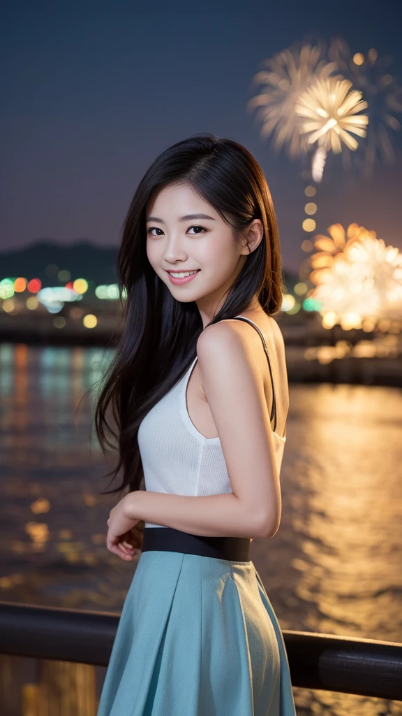 Have long flowing hair、Very Beautiful Japan Woman。She is wearing a skirt、He has striking bluish-black eyes and a bright smile.。The background is the seaside at night、They are happily watching the fireworks。
The image style is realistic.、It adds a touch of glamour.。