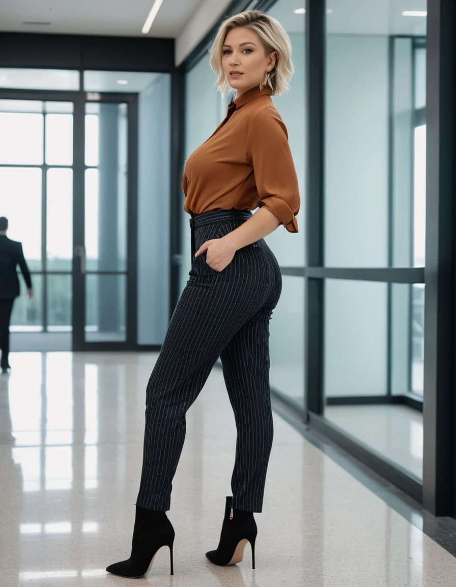 sexy shy female office worker in a tailored pinstripe pants and revealing loose silk blouse and black high heeled ankle boots standing in a modern office block foyer , faint smile, candid picture, tight pants, black ankle boots, high heel ankle boots, black heels, deep cleavage, luxury blouse, figure hugging pants, in the air, hand touching her pussy, aggressive stance, sexy face, deep cleavage standing in large modern office building foyer carrying a leather tote bag, firmly holding her breasts, pushing her breasts together, curvy accentuated booty, breasts, very large breasts, flirty pose, sensual pose, seductive pose, confrontation pose, (messy bob hairstyle, white blond hair color), messy hairstyle, messy bob, messy hairstyle, white blond, 5 foot 3 inches tall, 110 pounds in weight, 34G breasts, large firm round breasts, very large breasts, photorealistic, 4K, 8K, UHD, long shot, back view, view from the back, view from down low, view from the side, view from an angle, nsfw