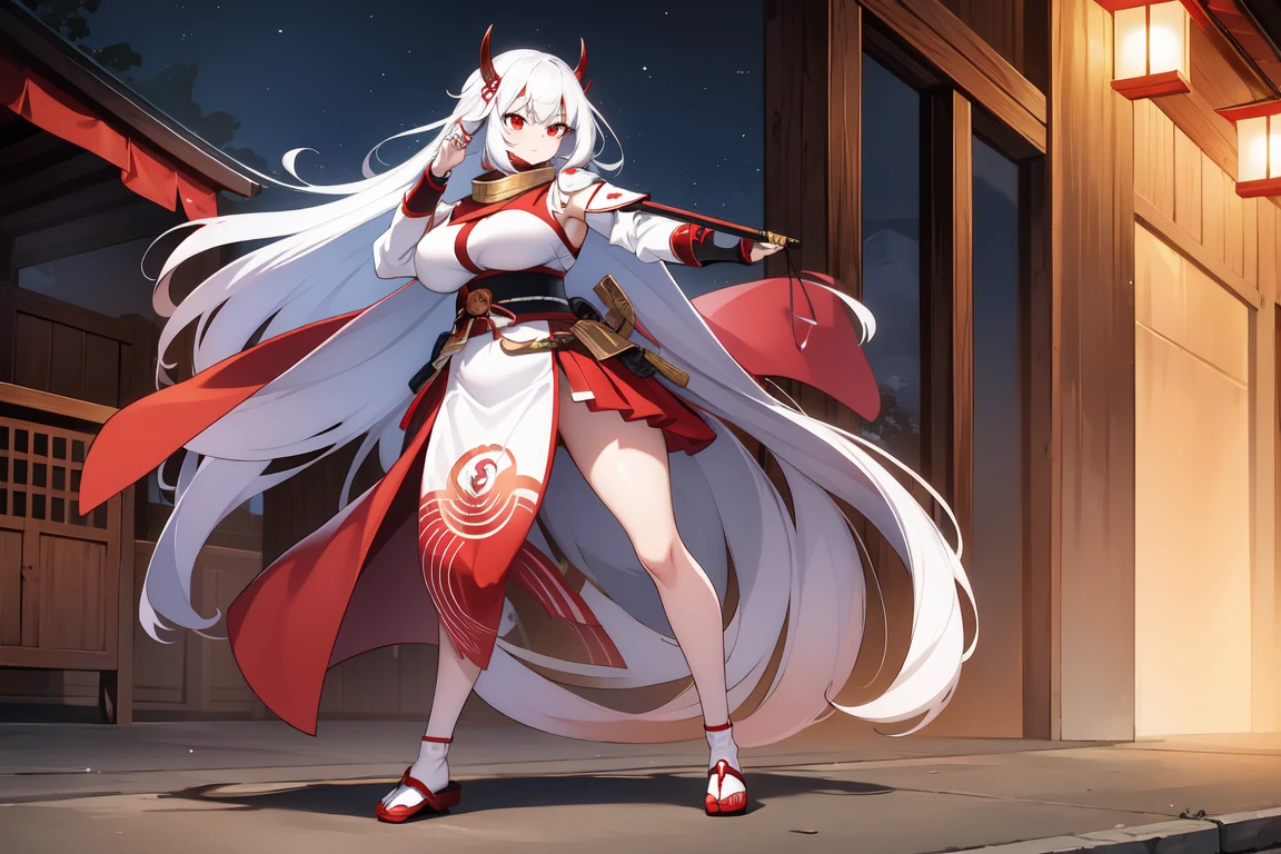 1girl, white hairs, red eyes, white-red  kimono, long hair, katana, red scarf, massive breasts, mature, Oni, armored skirt, lake, night, full body