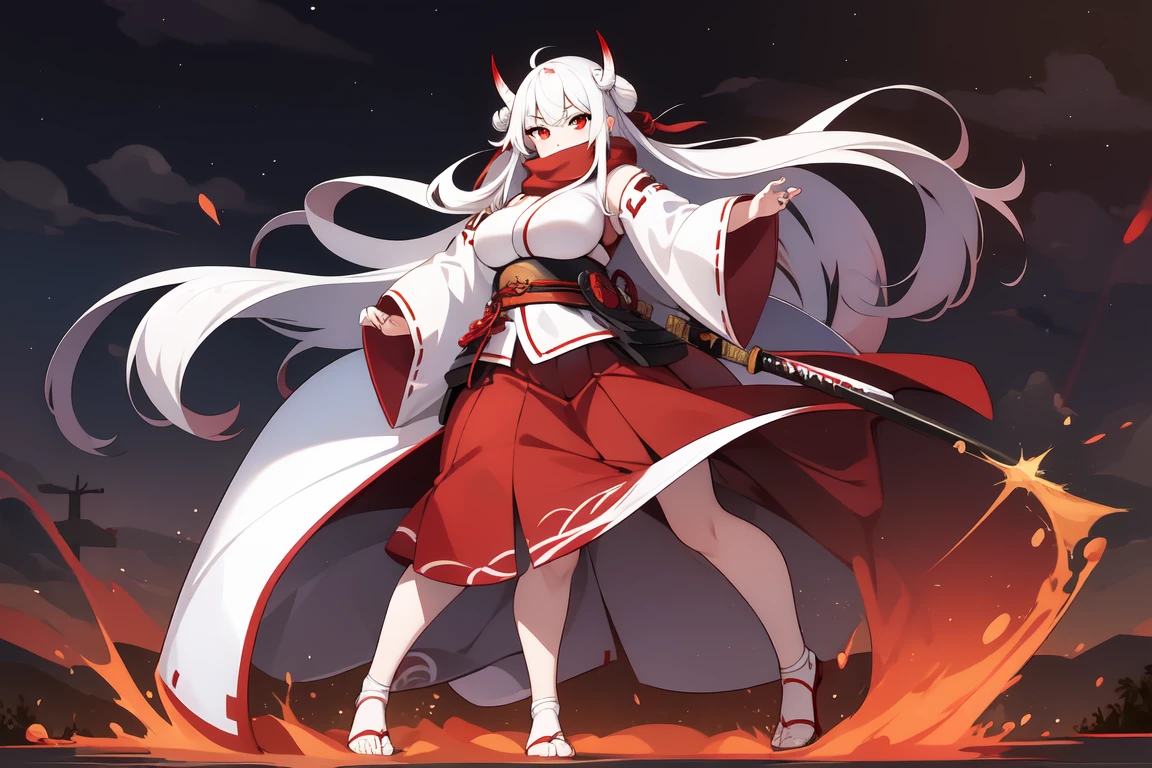 1girl, white hairs, red eyes, white-red  kimono, long hair, katana, red scarf, massive breasts, mature, Oni, armored skirt, lake, night, full body