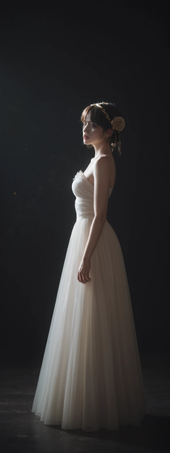 cinematic film, Realistic photograph,realistic, score_9, score_8_up, score_7_up, score_6_up,
 1girl, solo, from front, full body, Briar \(league of legends\), black background, makeup, sidelighting, backlighting, glowing, ,shallow depth of field, vignette, highly detailed, high budget, bokeh, cinemascope, moody, epic, gorgeous, film grain, grainy,