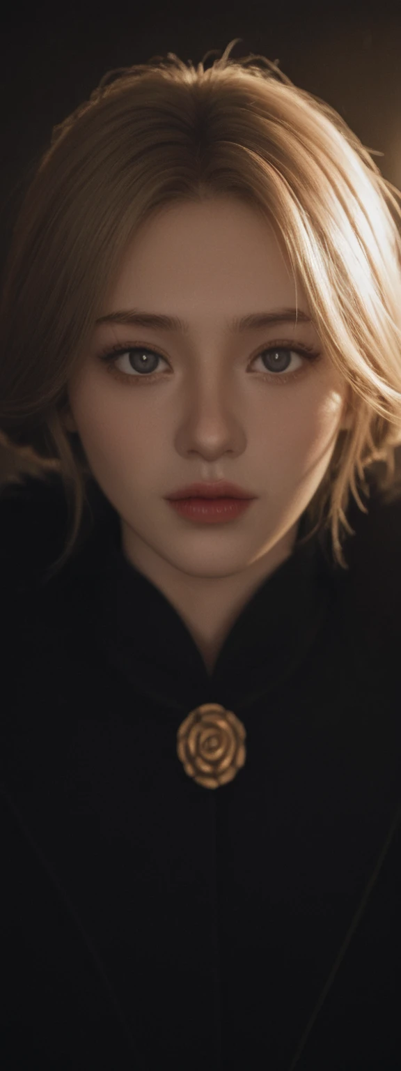 cinematic film, Realistic photograph,realistic, score_9, score_8_up, score_7_up, score_6_up,
 1girl, solo, from front, full body, Briar \(league of legends\), black background, makeup, sidelighting, backlighting, glowing, ,shallow depth of field, vignette, highly detailed, high budget, bokeh, cinemascope, moody, epic, gorgeous, film grain, grainy,