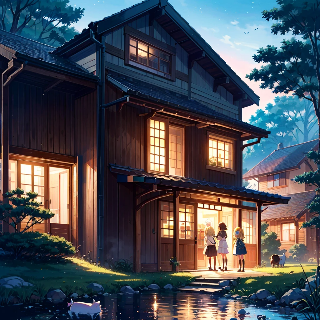 High definition background, bright and beautiful atmosphere, 3 girls (2 years old, (1 short round face), (1 child)) (hair, surface effects), color effects), small breasts, blonde hair, residential area, very pretty house, colorful house, girl opens door from outside house, mini pigs sitting on girls shoulder, overflowing out of open door Lots of mini pigs, mini pig fever, deltamon_sdXL:0.73) >Deltamon Negative Prompt, front view,