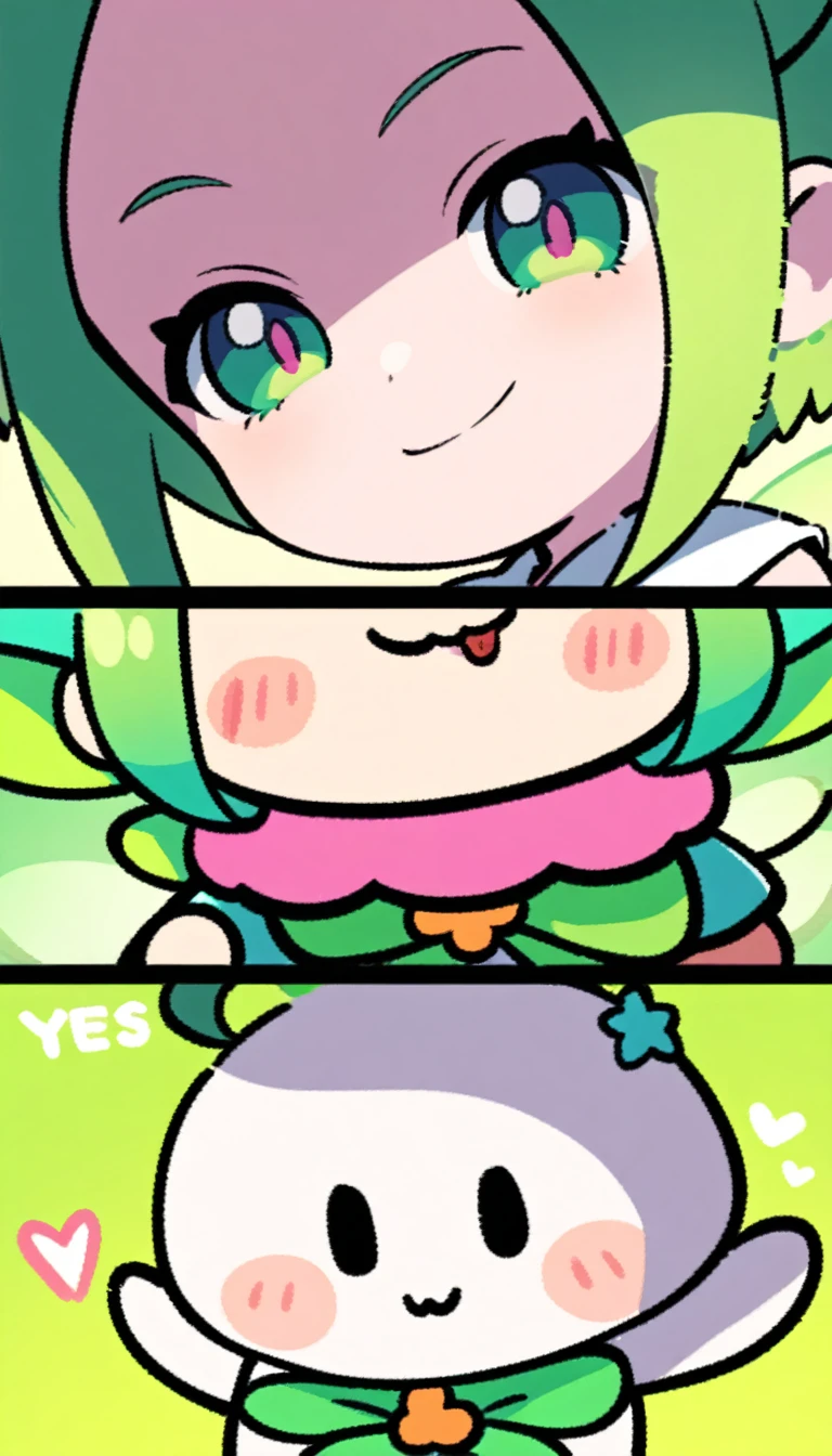 fairy girl, shady, green fairy, smol, cute, kawaii, happy, yes, smirking, cocky, emote, character portrait