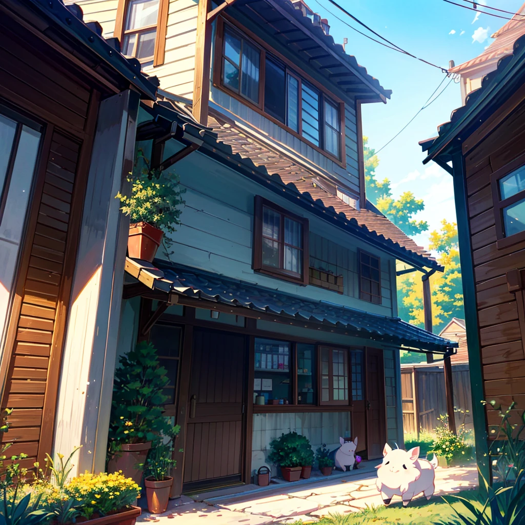 High definition background, bright and beautiful atmosphere, 3 girls (2 years old, (1 short round face), (1 child)) (hair, surface effects), color effects), small breasts, blonde hair, residential area, very pretty house, colorful house, girl opens door from outside house, mini pigs sitting on girls shoulder, overflowing out of open door Lots of mini pigs, mini pig fever, deltamon_sdXL:0.73) >Deltamon Negative Prompt, front view,