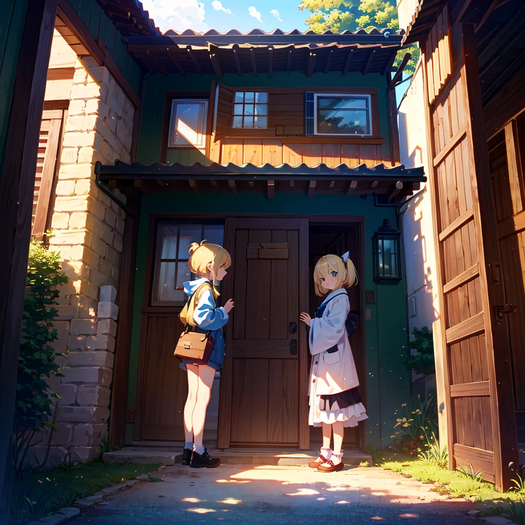 High definition background, bright and beautiful atmosphere, 3 girls (2 years old, (1 short round face), (1 child)) (hair, surface effects), color effects), small breasts, blonde hair, residential area, very pretty house, colorful house, girl opens door from outside house, mini pigs sitting on girls shoulder, overflowing out of open door Lots of mini pigs, mini pig fever, deltamon_sdXL:0.73) >Deltamon Negative Prompt, front view,