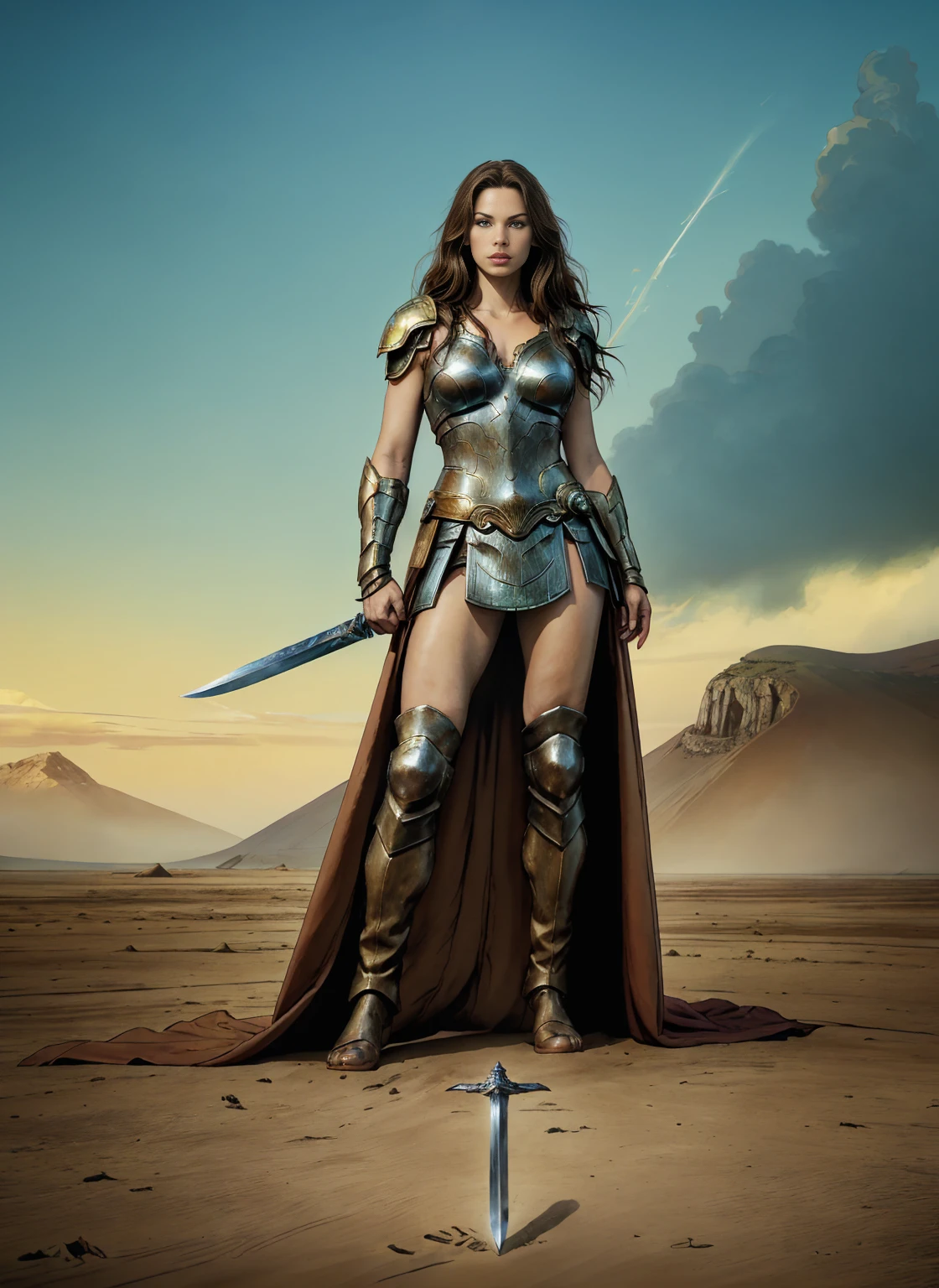 ((Full body photo, standing, feet on the ground)) Alison Tyler as a Valkyrie of Asgard, blue eyes, long brown hair, perfect body, Lady Knight, correct anatomy, holding a great magic sword, epic fantasy digital art, masterpiece, 8k, high definition resolution, detailed drawing, Superior Quality, Epic Composition, green eyes
, flats for women