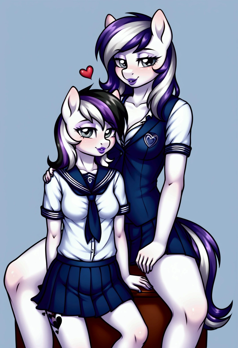 My little pony, (anthro), ((children's school wear)), ((two-tone hair with black on top and white underneath)), pale white body, gray eyes, medium breasts, purple lips, perfect lines, heart cutie mark, seductive pose