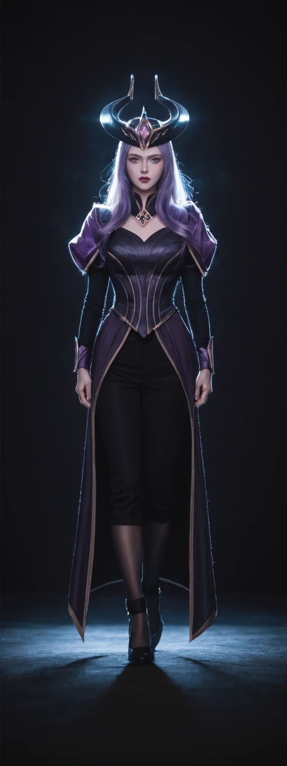 cinematic film, Realistic photograph,realistic, score_9, score_8_up, score_7_up, score_6_up,
1girl, solo, from front, full body, Syndra \(league of legends\), black background, makeup, sidelighting, backlighting, glowing,