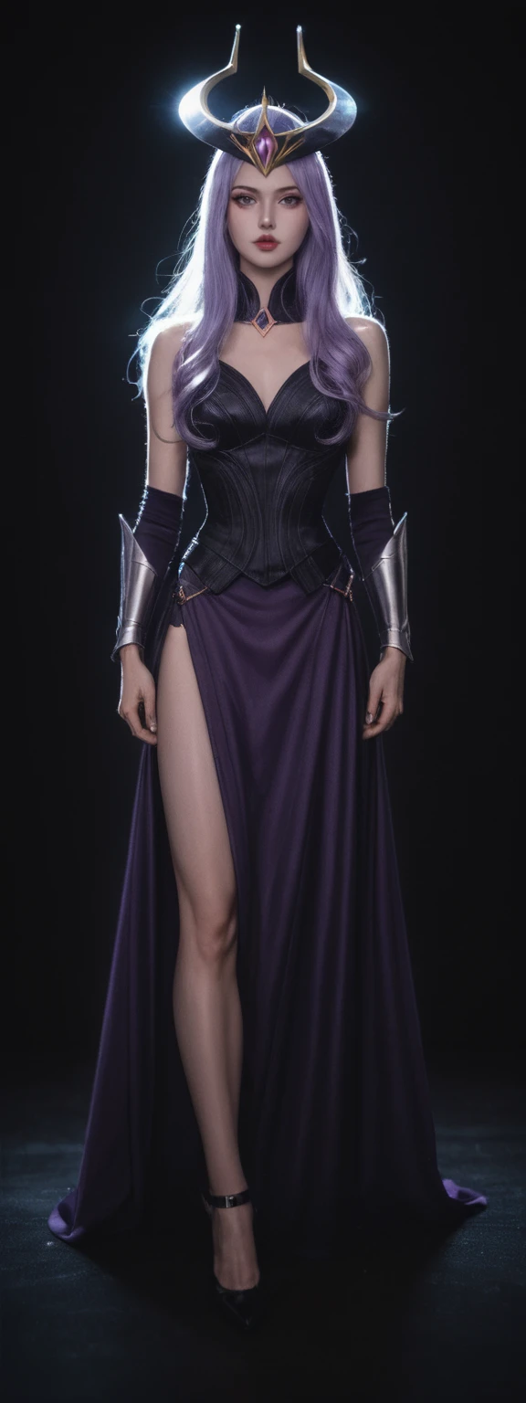 cinematic film, Realistic photograph,realistic, score_9, score_8_up, score_7_up, score_6_up,
1girl, solo, from front, full body, Syndra \(league of legends\), black background, makeup, sidelighting, backlighting, glowing,
,shallow depth of field, vignette, highly detailed, high budget, bokeh, cinemascope, moody, epic, gorgeous, film grain, grainy,