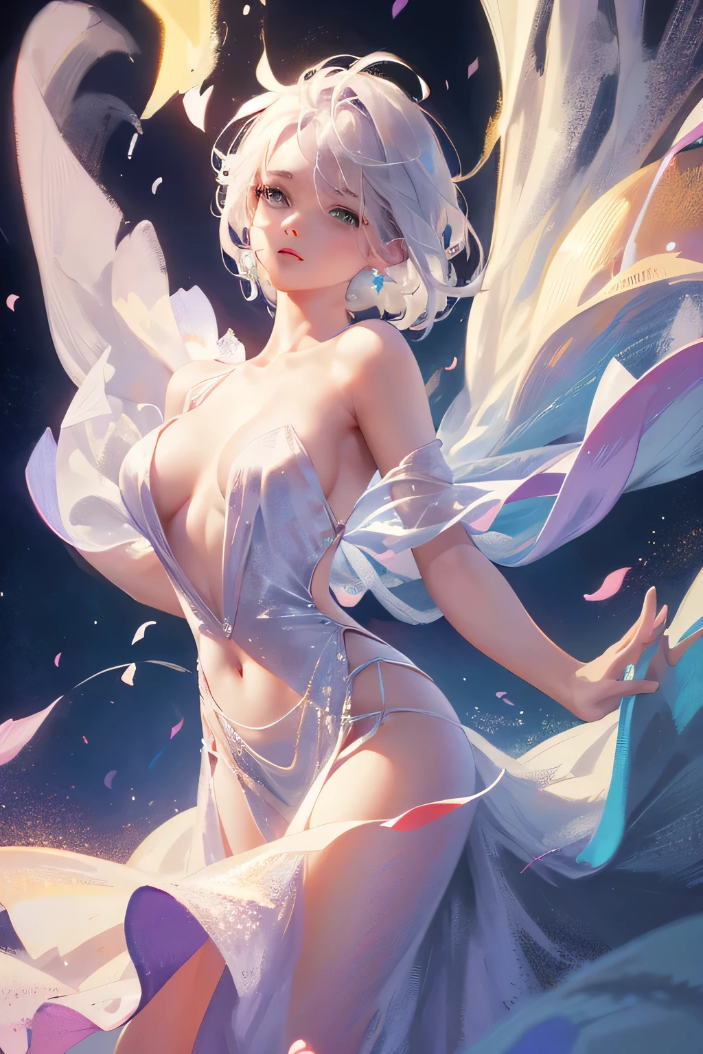 (Image from chest up:1.4)((masterpiece:1.5,Highest quality,Beautiful images、2.5D、Abstract、Artistic))(One girl, solo)(Cute Girls、large breasts, Gray Hair、short hair、Beautiful breasts、Off-the-shoulder outfit)(profile、Look at an angle、shake your head、Sad look, Floating Hair、Backlight)(Plain background:1.5)((Dynamic Angle:1.5)),See-through gown. ((from girl's side))
