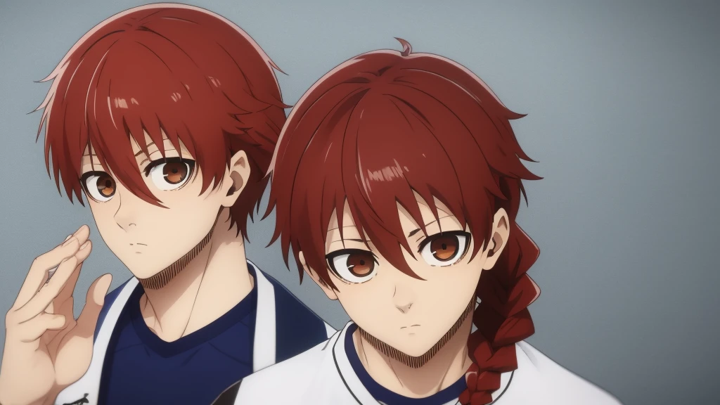 (masterpiece), best quality, expressive eyes, perfect face, cute anime boy, shota, cute, anime cutscene, siblings, domestic, white sweatshirt, red hair with small braid on the front left side