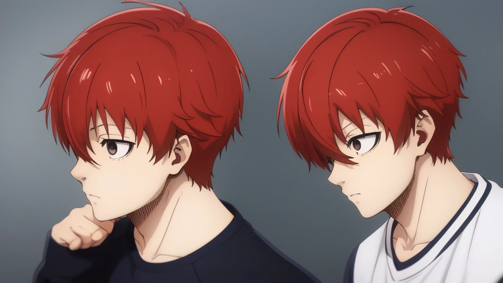 (masterpiece), best quality, expressive eyes, perfect face, cute anime boy, shota, cute, anime cutscene, siblings, domestic, white sweatshirt, red hair with small braid on the front left side