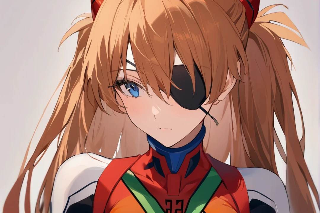 best quality, masterpiece,  bodysuit, evangelion:_3.0_you_can_(not)_redo, eyepatch, white_background, looking_away, 1girl, rebuild_of_evangelion, hair_ornament, red_bodysuit, solo, closed_mouth, neon_genesis_evangelion, souryuu_asuka_langley, simple_background, covered_collarbone, two_side_up, plugsuit, upper_body
