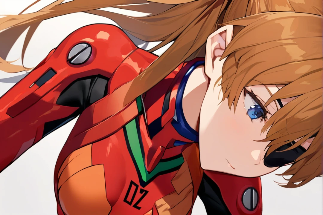 best quality, masterpiece, bodysuit, evangelion:_3.0_you_can_(not)_redo, eyepatch, white_background, looking_away, 1girl, rebuild_of_evangelion, hair_ornament, red_bodysuit, solo, closed_mouth, neon_genesis_evangelion, souryuu_asuka_langley, simple_background, covered_collarbone, two_side_up, plugsuit, upper_body