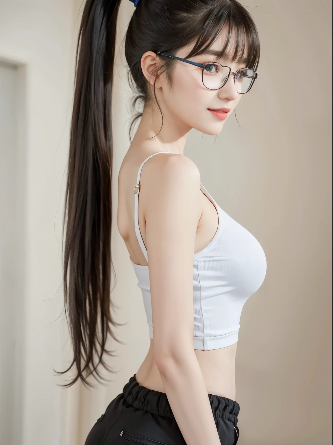 (Best quality, masterpiece, detailed), (RAW, 4k, hd images), shy, 1 girl, , white skin, long hair, ponytail, layers hair, bangs, black hair, beautiful girl, cute girl, sweet girl, pretty girl, perfect girl, pretty eyes, blue eyes, thin lips, thin, eye line, perfect round breast, glasses(detailed frame), simple background, smile, waist, thigh, sport tanktop, short pants, back side angle capture, half body, potrait, side breast, 