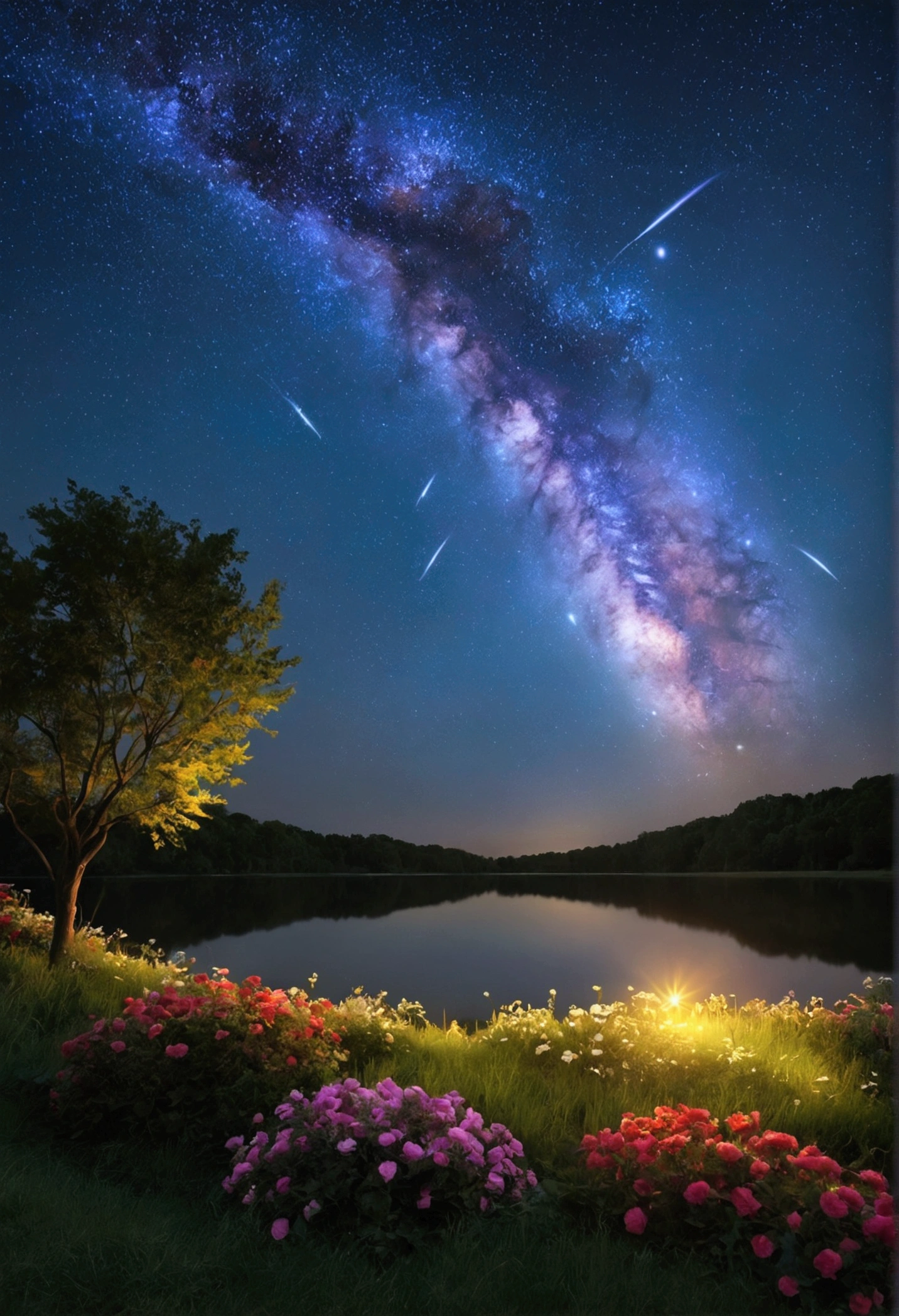 main part, beautiful, terrain, (((number_Humanumbers))), nighttime, flower, garden, starry sky, constellations, Amazing, view, water, warm, warmสบาย, peaceful, shooting stars, universe, magic, magic, particle, fair, ((firefly))
