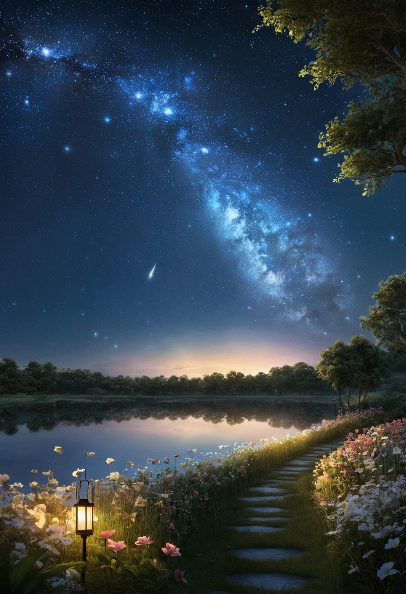 main part, beautiful, terrain, (((number_Humanumbers))), nighttime, flower, garden, starry sky, constellations, Amazing, view, water, warm, warmสบาย, peaceful, shooting stars, universe, magic, magic, particle, fair, ((firefly))