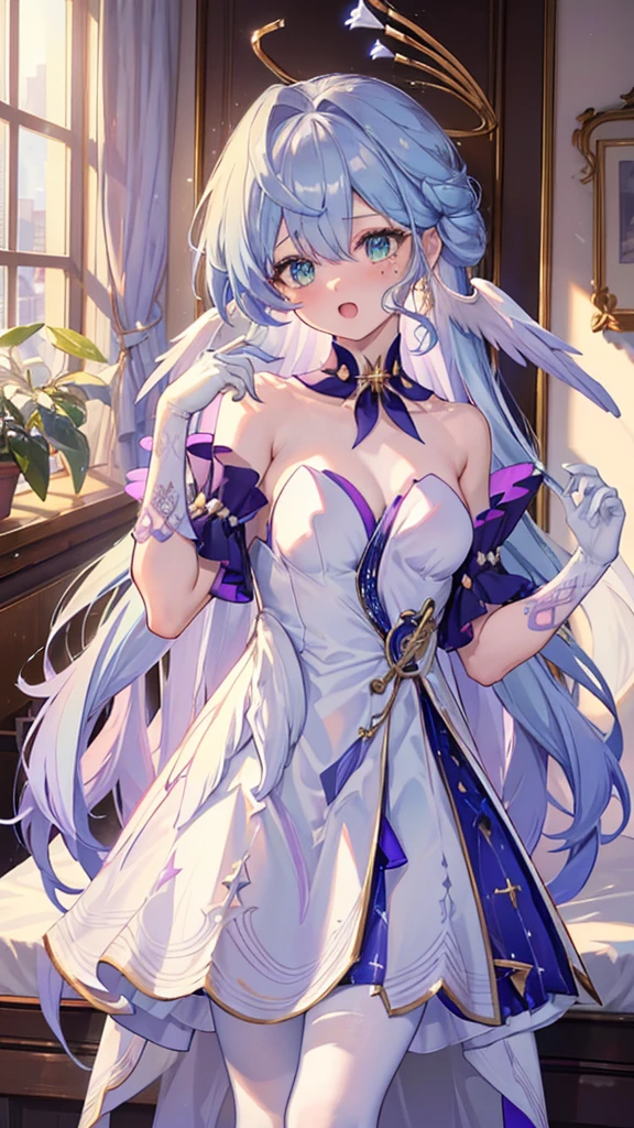 (masterpiece, top quality, best quality, official art, beautiful and aesthetic:1.2),(8k, best quality, masterpiece:1.2), (((masterpiece))),(((best quality))),(((extremely detailed))),illustration,who, (masterpiece, top quality, best quality, official art, beautiful and aesthetic:1.2),(8k, best quality, masterpiece:1.2), looking at viewer, aroused, blush, open mouth, lying, bed sheet, hands up, 1girl,robin_\(honkai:_star_rail\),head_wings,bare_shoulders,white_gloves,detached_sleeves,strapless_dress,white_dress,short_sleeves,white_pantyhose,