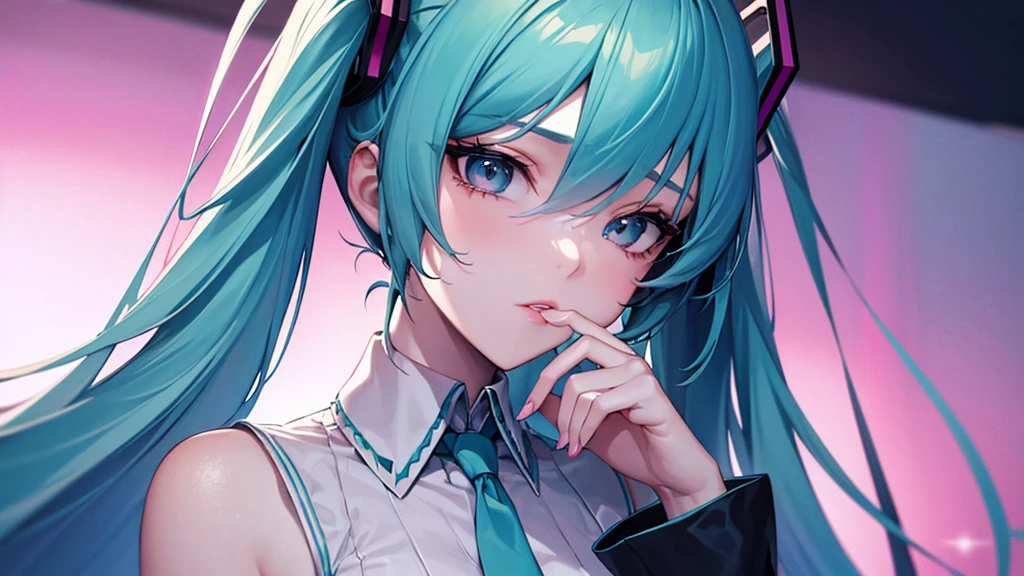 masterpiece, Awesome girl, Cold Face, Expressionless, Pale pink lips, Calm, intellectual, Hand Detail, Finger details, Eye details,Hatsune Miku,Singing,clothes,cool,It's about to start moving