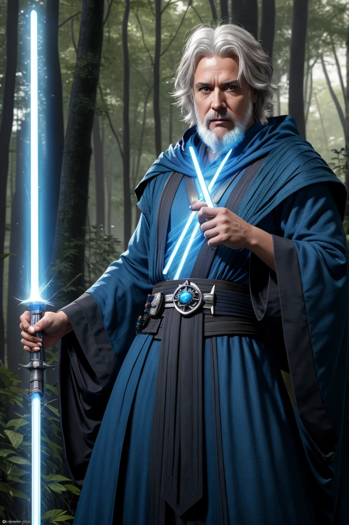 Rax Valoren "A seasoned Jedi Master with silver hair and a long, flowing robe stands in a tranquil forest, holding a glowing blue lightsaber. His calm and wise expression reflects his deep connection to the Force."
